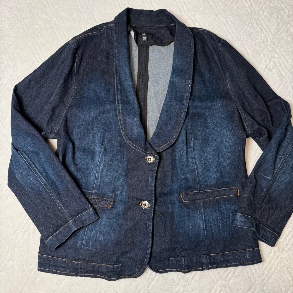 Preppy Tailored Mossimo 22W Dark Wash Denim Blazer Shawl Collar Stretch